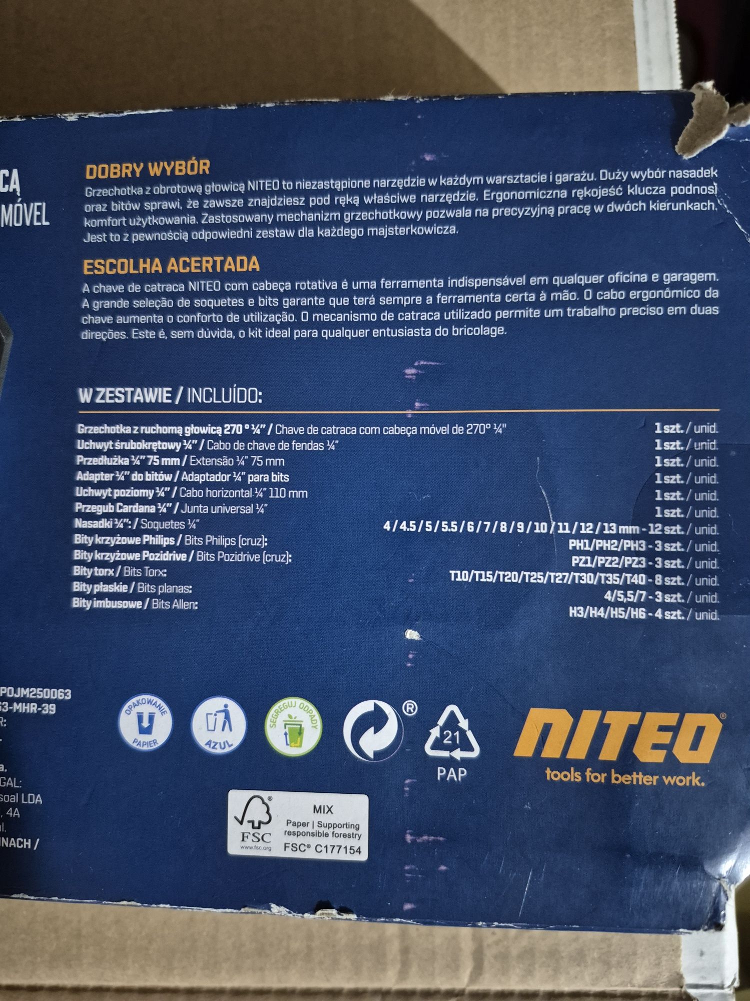 Niteo zestaw z grzechotka z obrotowa głowica crv 39 elementów 1/4