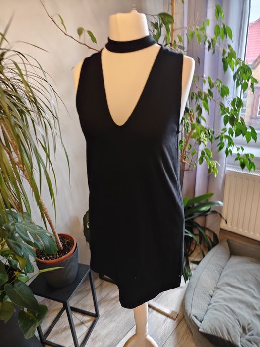 Czarna sukienka Zara pod szyją pasek weselna komunijna letnia retro