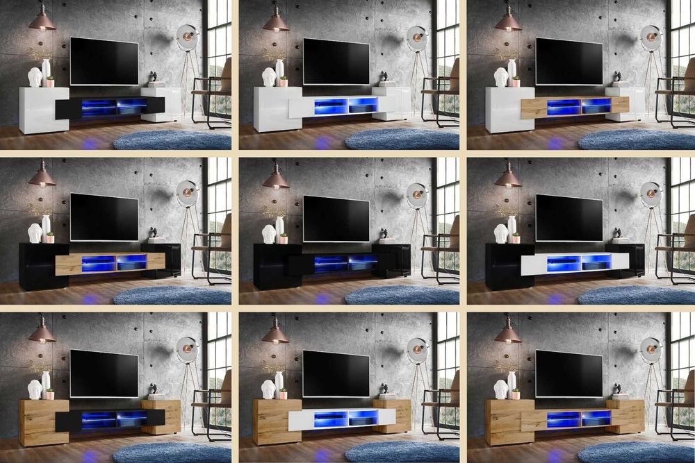 Pan Igiełka Szafka RTV LED Połysk Mat Czarny Biały Dąb Wotan Loft