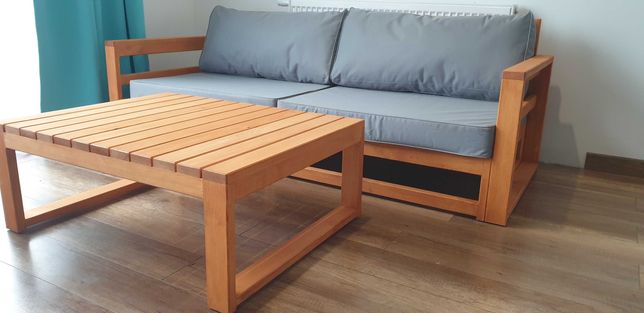 Zestaw mebli ogrodowych drewnianych sofa 3 os, dwa fotele i stolik