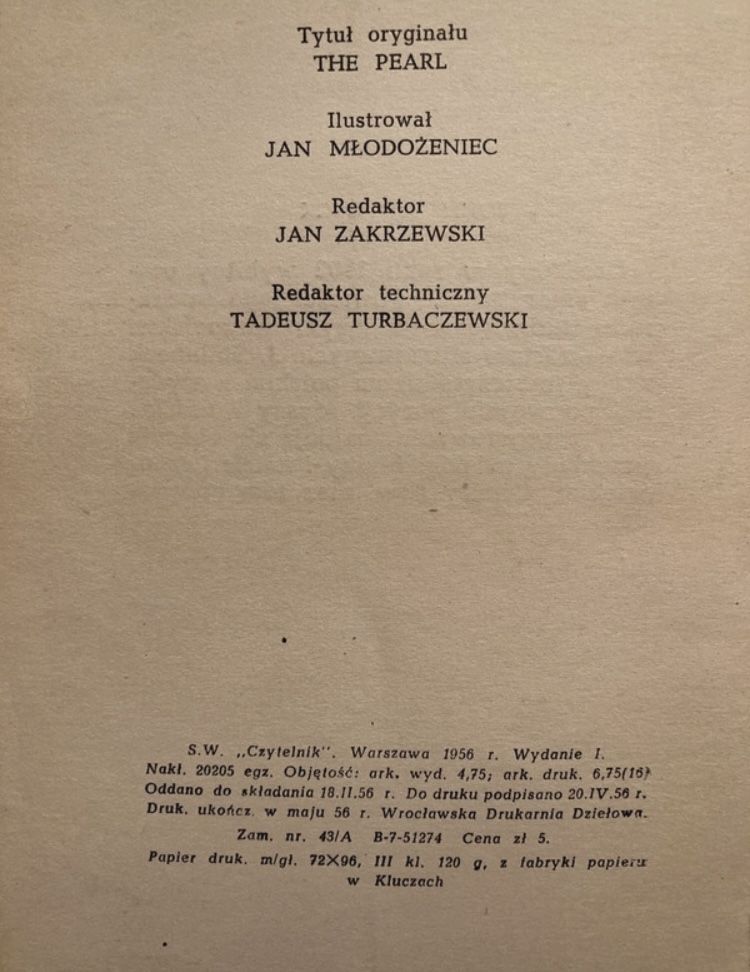 Książka ilustracje Jan Młodożeniec wyd 1 Perła Steinbeck