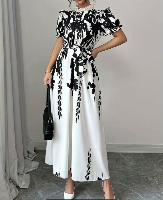 Sukienka długa maxi wzorzysta świąteczna czarna biała w kwiaty M 38