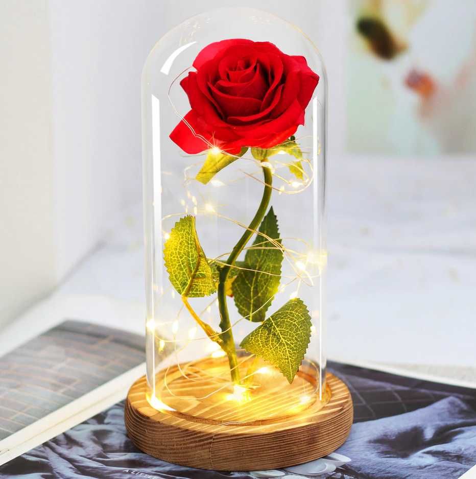 Piękna Wieczna Róża w Szkle z LED Czerwona Prezent na Dzień Matki Mamy
