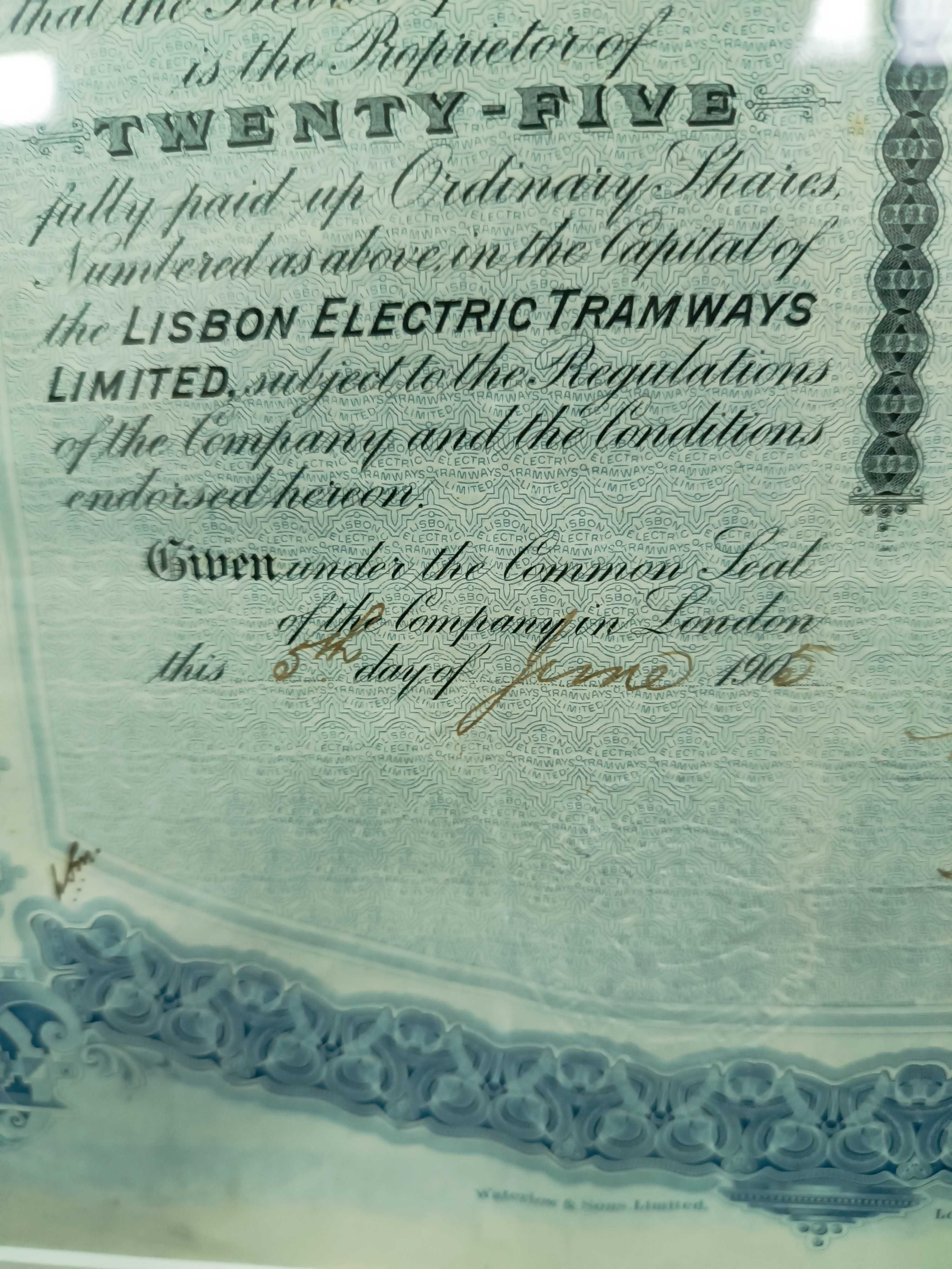 Antiga Ação Lisbon Electric Tramways 1905 Emoldurada