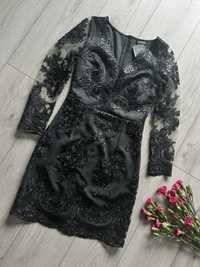 Sukienka 36 dlugi rekaw elegancka czarna grafitowa koroonkowa prosta