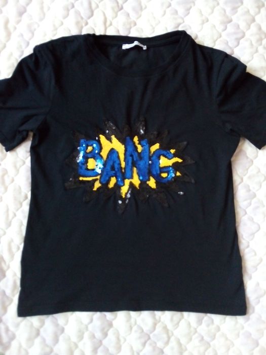 T-shirt/koszulka ZARA czarny cekiny nadruk BANG.  Rozm. M