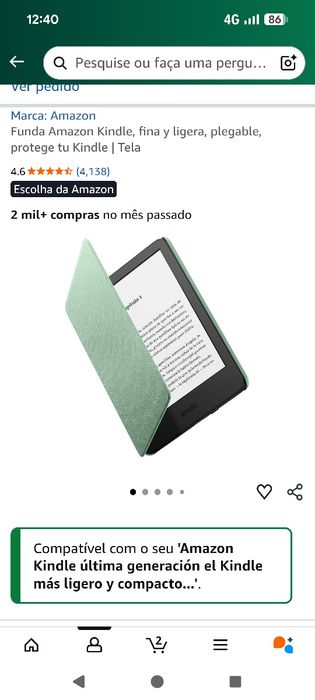 Kindle 16gb e capa verde clara (como novo)