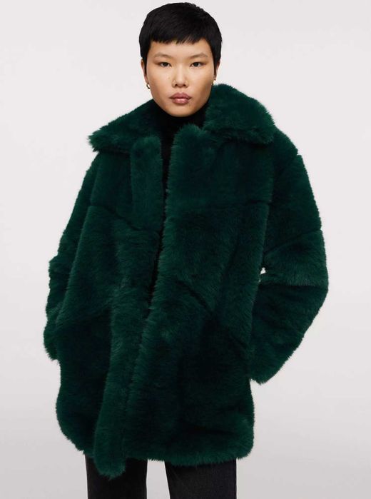 MANGO futerko futro kożuszek szmaragdowe ciepłe NOWE płaszcz XS/34