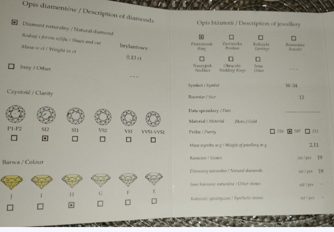 Pierścionek zloto 585 diament 0,13 ct 2.11 g