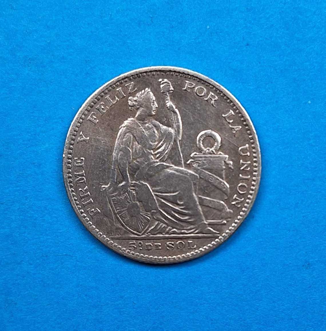 Peru 1/5 sola rok 1899, bardzo dobry stan, srebro 0,900