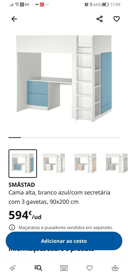 Beliche com secretária Ikea com detalhes azuis