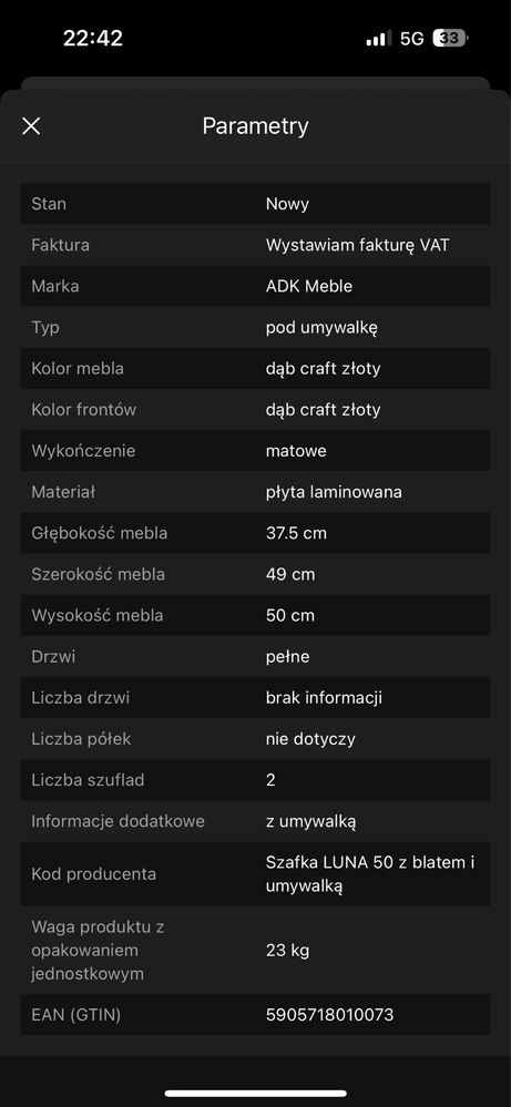 Sprzedam podwieszaną szafkę łazienkową
