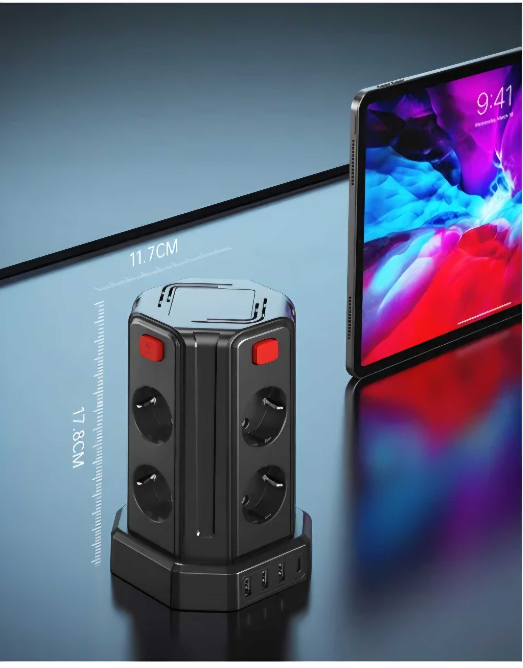 Przedłużacz pionowy wieża 12w1 8 gniazdek 3 x USB-A 1 x USB-C 3m 2500W