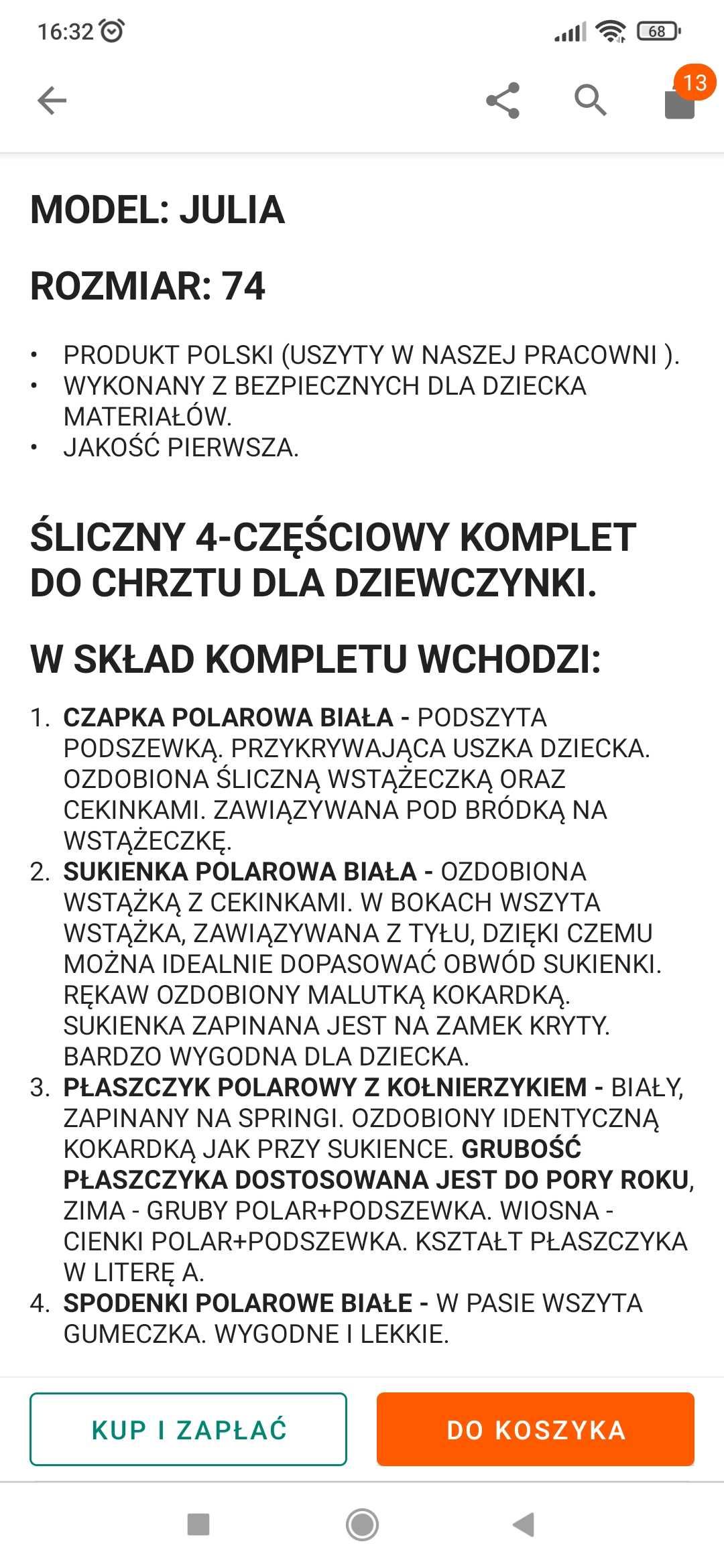 Ubranko, komplet 4-częściowy do chrztu dla dziewczynki 74 MONDI. Zima.