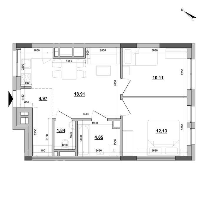 2к квартира 52.6 м² кухня-вітальня панорамні вікна — без комісії