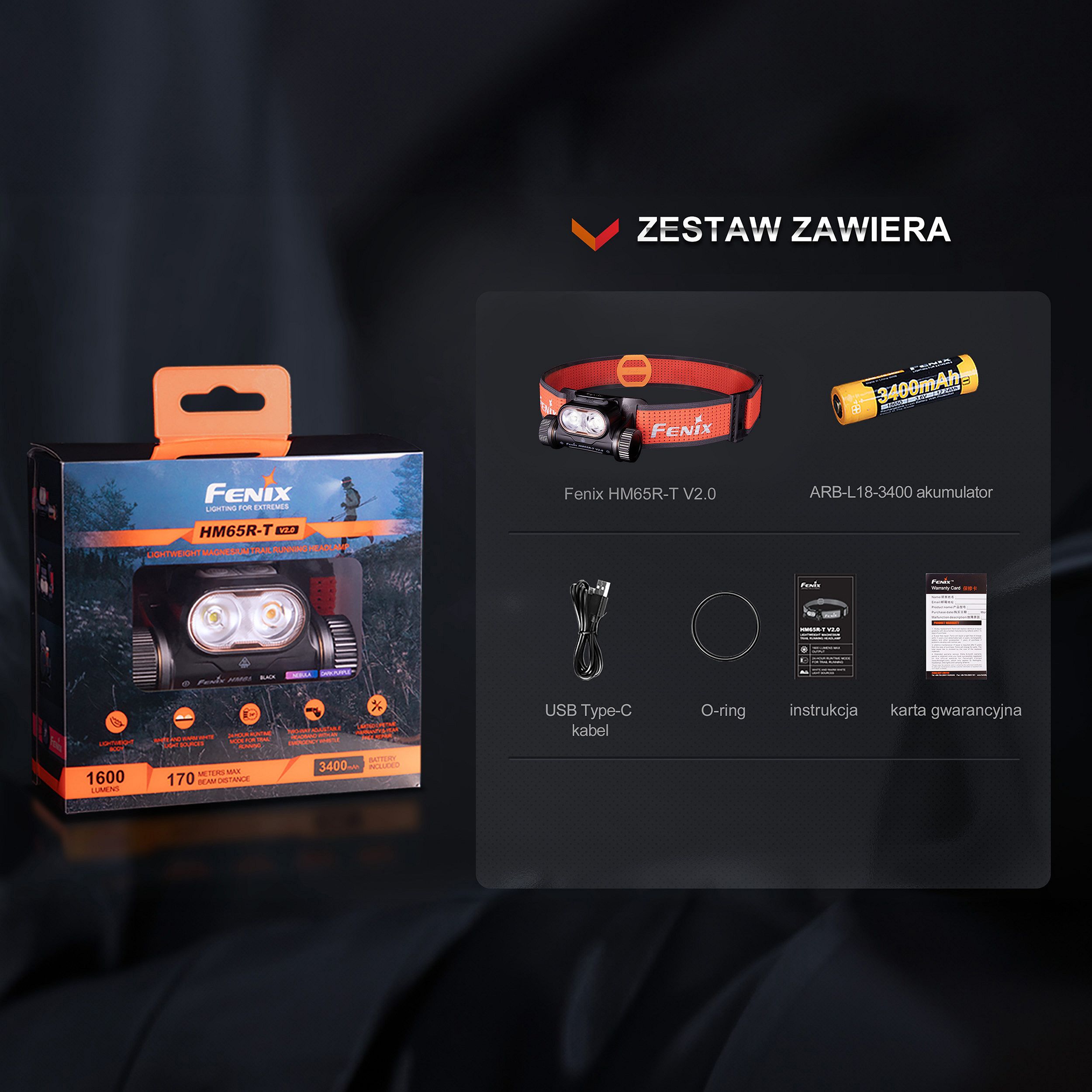 Latarka czołowa Fenix HM65R-T V2.0 czarna (HM65R-T V2.0 black)