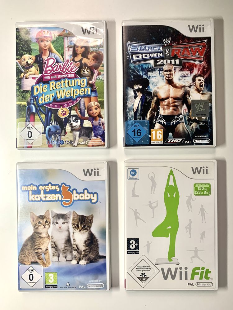 Wii gry zestaw 4 sztuk wii fit barbie smack down raw kazten baby