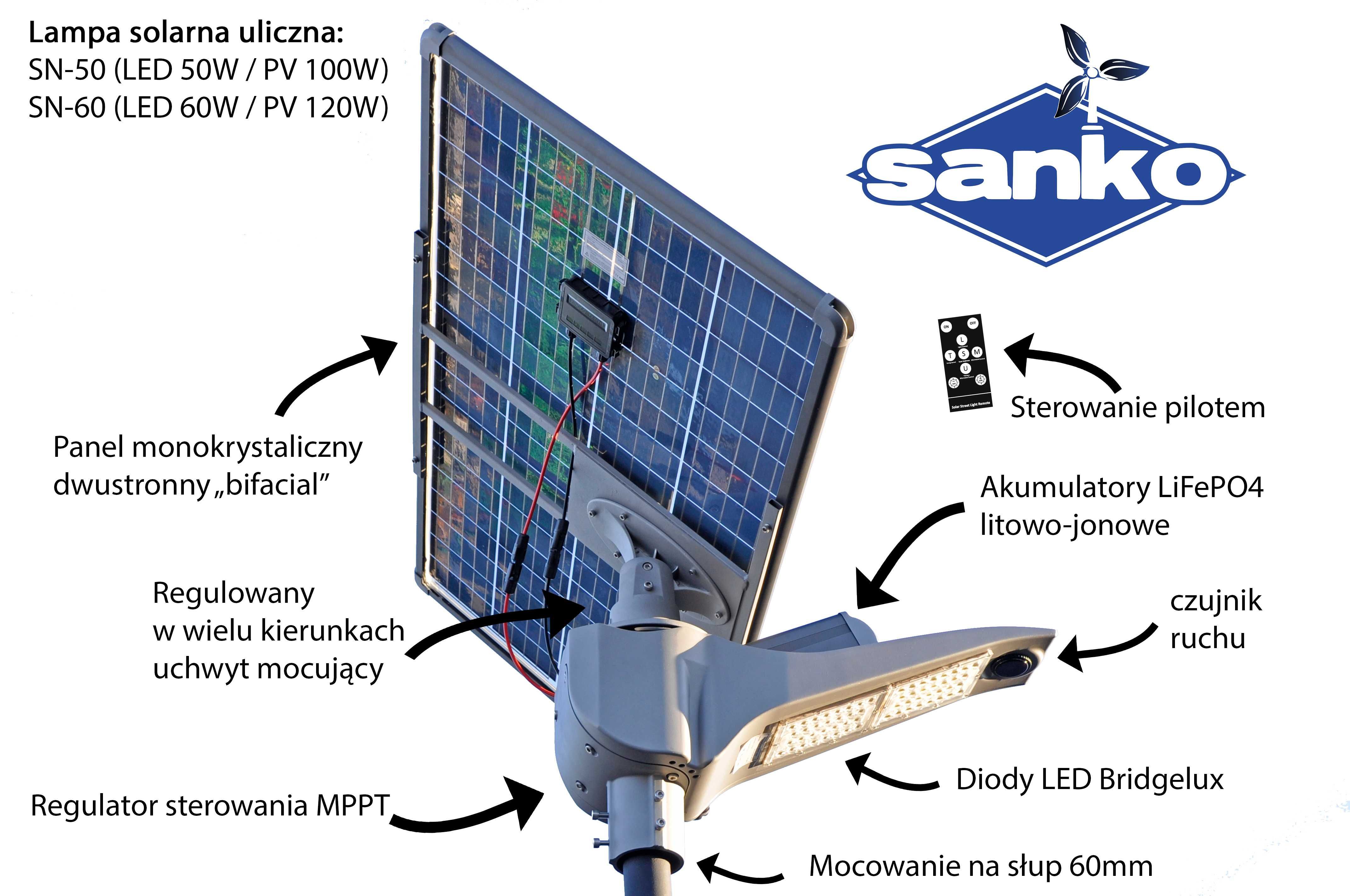 Lampa solarna uliczna Sanko SN-60 (LED 60W PV 120W aku LiFePO4 42Ah)