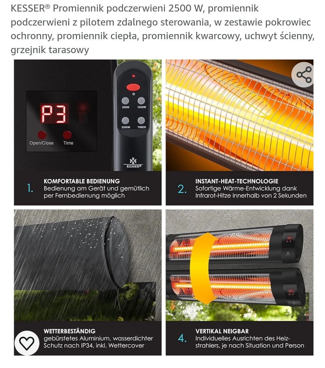 Promiennik podczerwieni 2500W, na pilota nagrzewnica,farelka, grzejnik