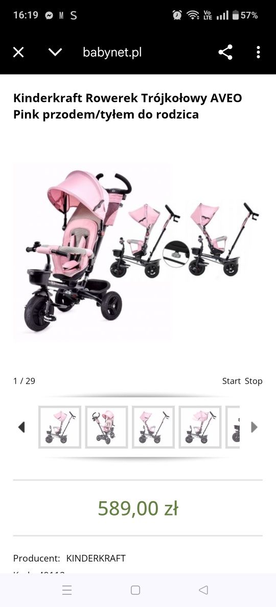 Kinderkraft Rowerek Trójkołowy AVEO Pink przodem/tyłem do rodzica
Kind