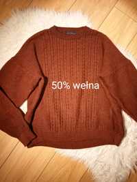 Sweter wełniany 50% wełna pleciony warkocze XL