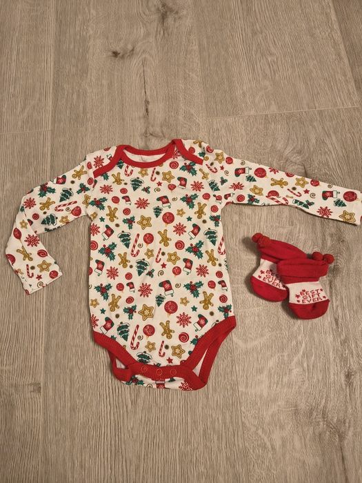 Body świąteczne Mikołaj 62/68 unisex chłopiec/dziewczynka + skarpetki