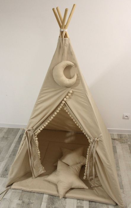 TIPI namiot wigwam beż, pomponiki