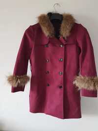 Bordowy płaszcz z naturalnym futrem super jakość blackfriday  blackwee