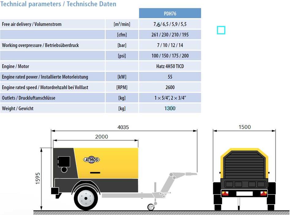 Przewoźny kompresor ATMOS PDH 76 – 7,6 m3/7 bar