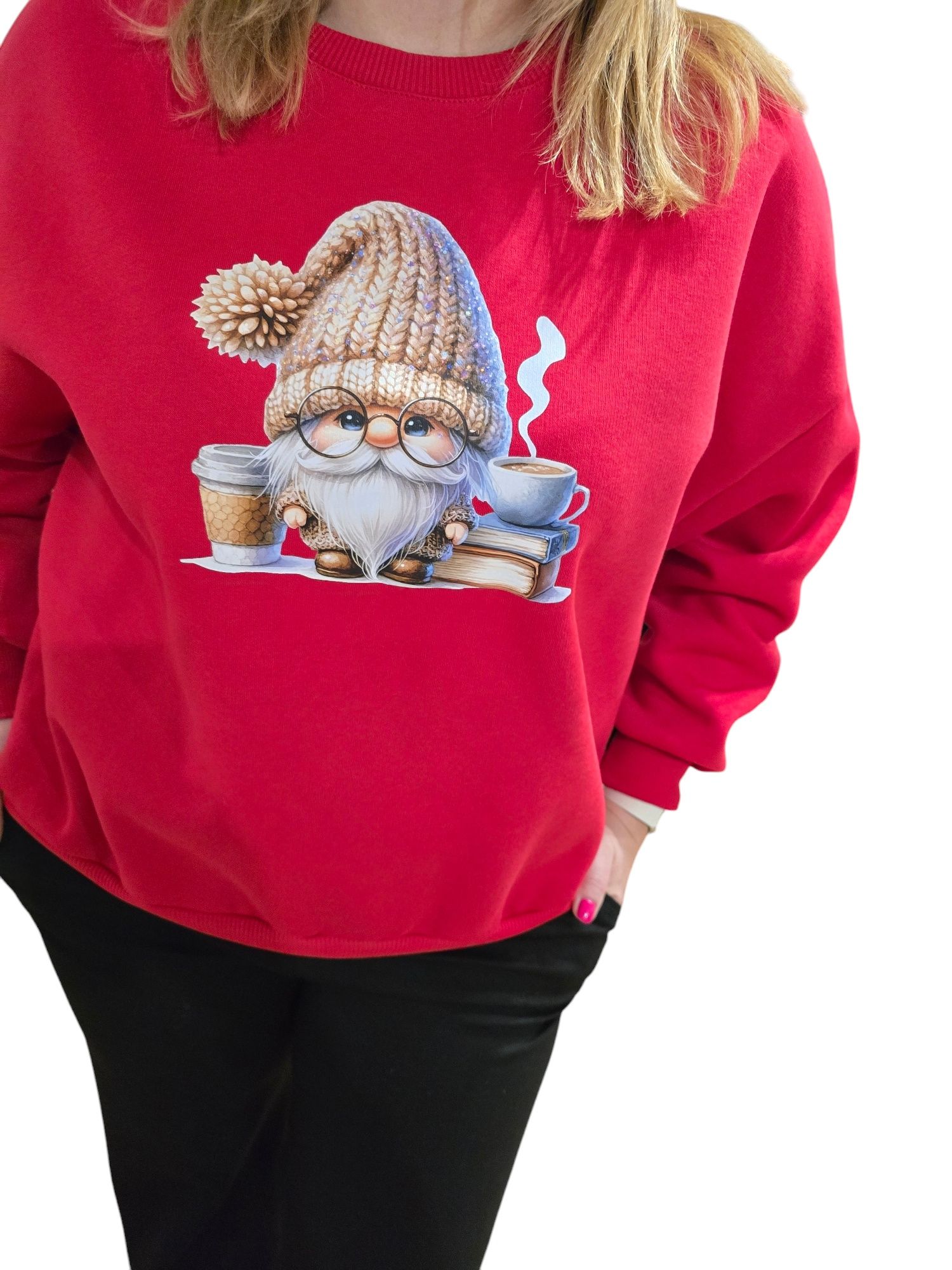 Bluza czerwona świąteczna z aplikacją krasnala Lara rozmiar uni