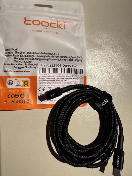 Kabel Usb-C Usb-C. TOOCKI. 2 metry. NOWY. 100 W- fast charging