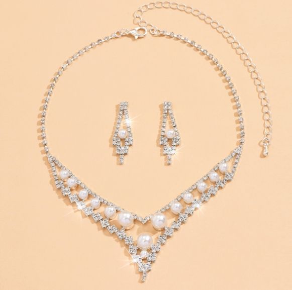 Komplet Biżuterii Perły Kolczyki Naszyjnik Ślub Srebrny Cyrkonie  B8