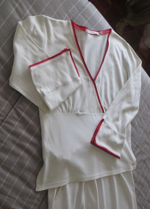 Pijama Woman Secret - Bege e orlas a vermelho - Tam. 36 - 100% algodão