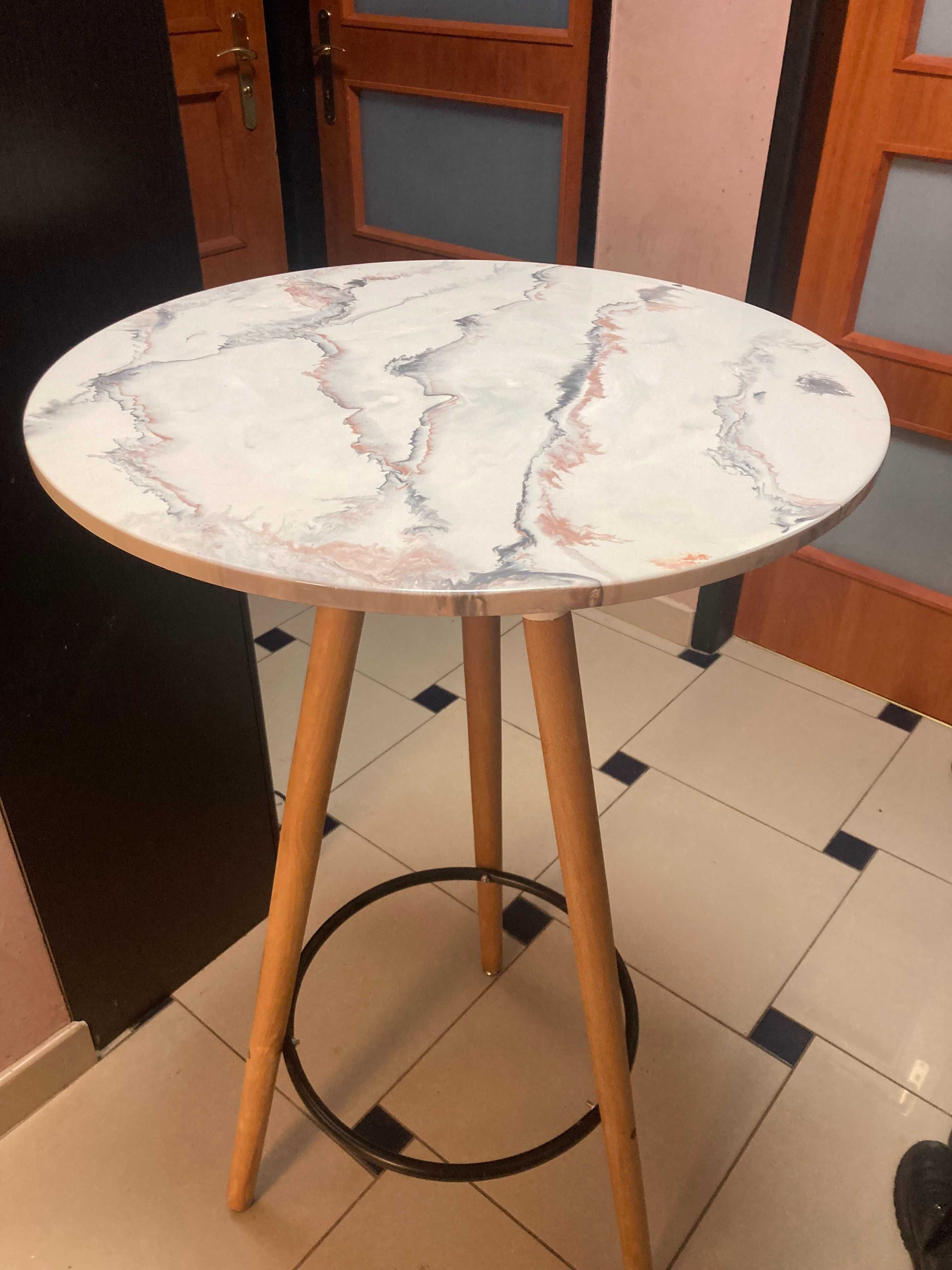 Stolik barowy okrągły 60x103 cm biały ciekawy wzór imitujący marmur