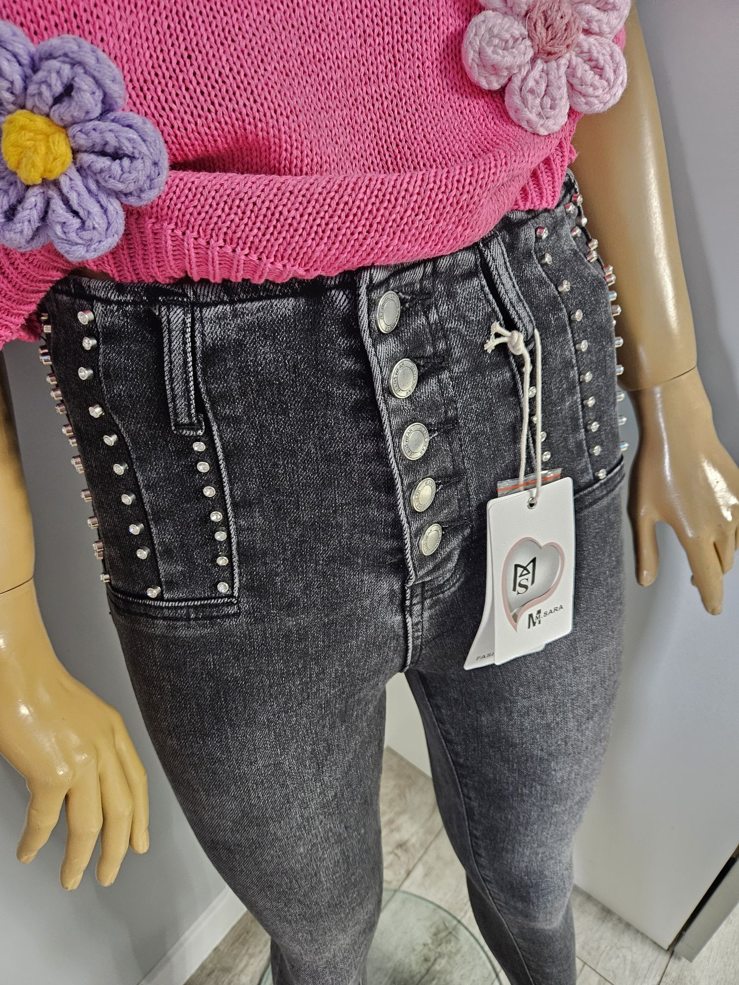Nowe z metką spodnie jeansowe M Sara z cyrkoniami dżetami rozm s