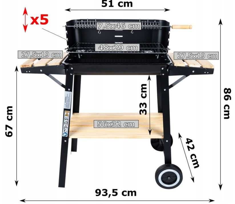 DUŻY GRILL ogrodowy Węglowy na kołach Rożen 3x PÓŁKI Grill PREMIUM SET