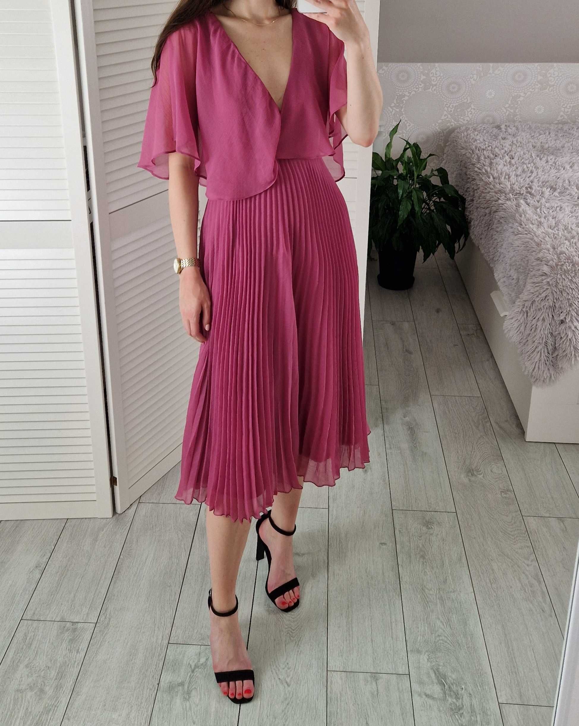 Asos różowa plisowana sukienka midi ze zwiewnymi rękawami wesele 36 S