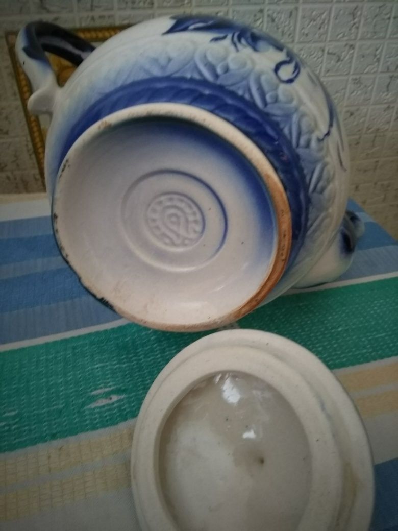 Чайник керамічний синьо білий в квіти об'єм літр півтора