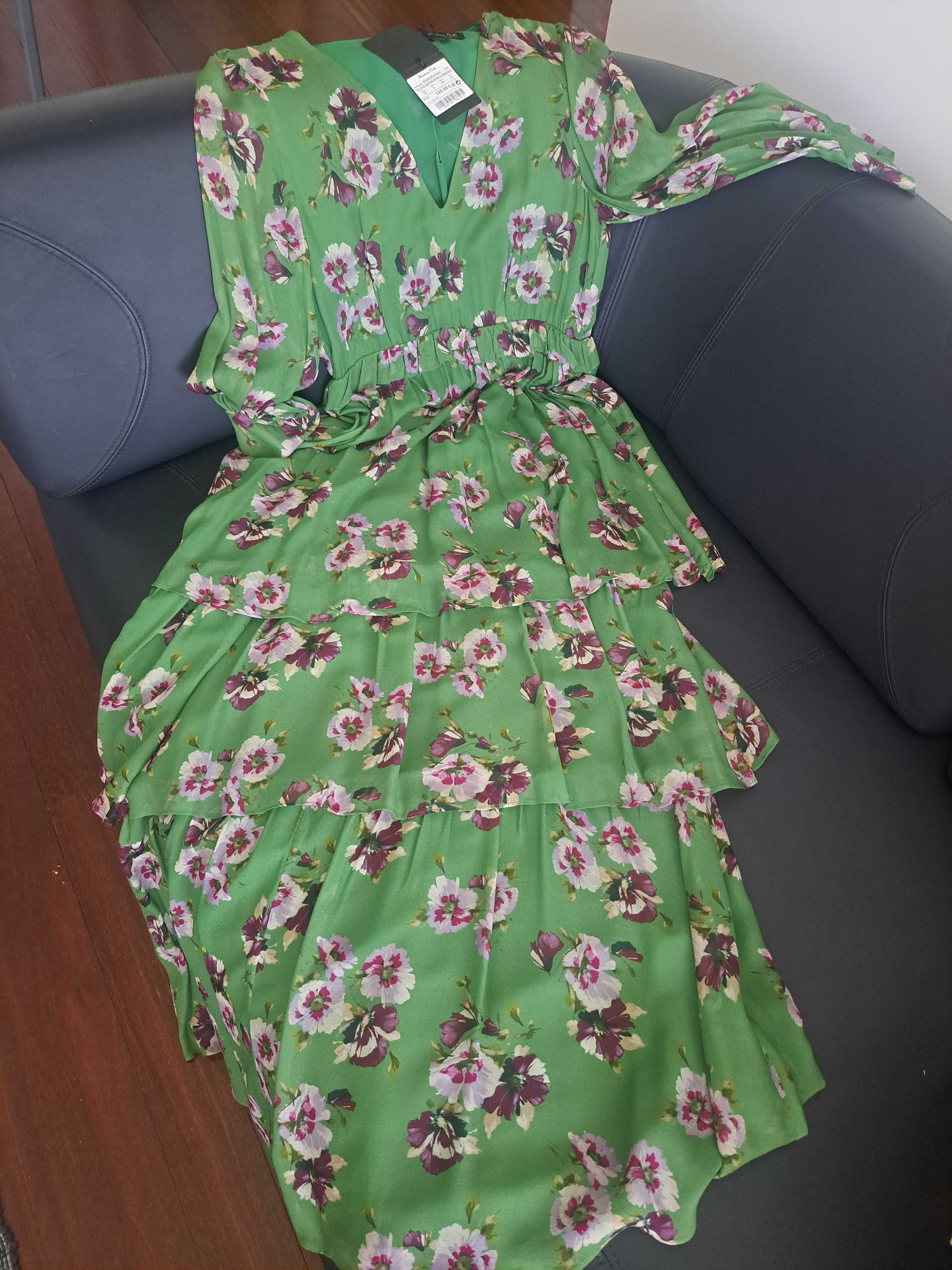 Vestido verde com flores Tam: 38 (NOVO) Massimo Dutti