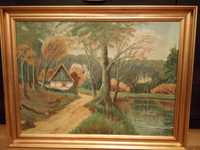 domek nad jeziorem - obraz olej na płótnie drewniana złota rama