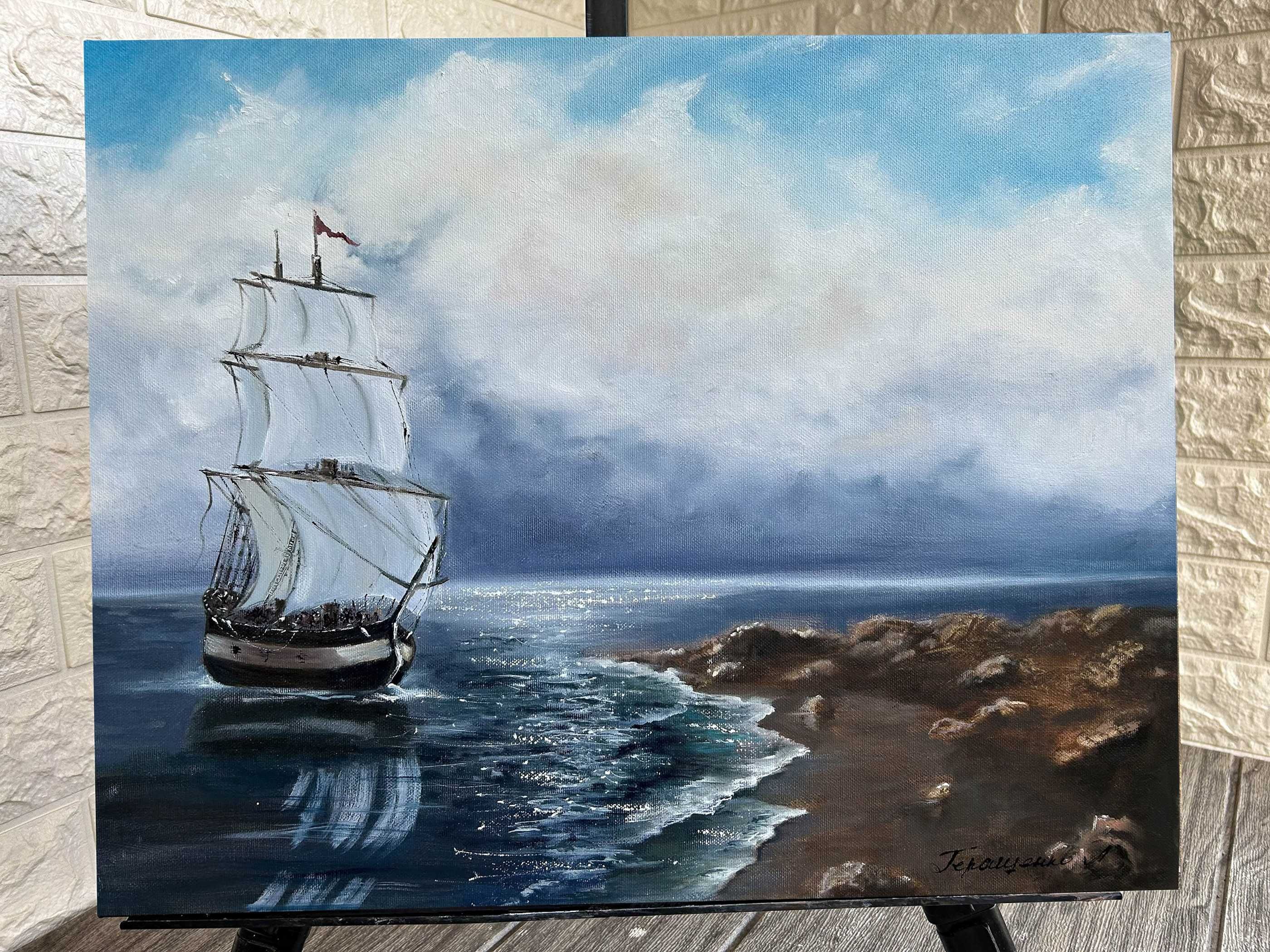 Картина Морской Пейзаж Море Небо Закат Корабль Холст Масло 40/50