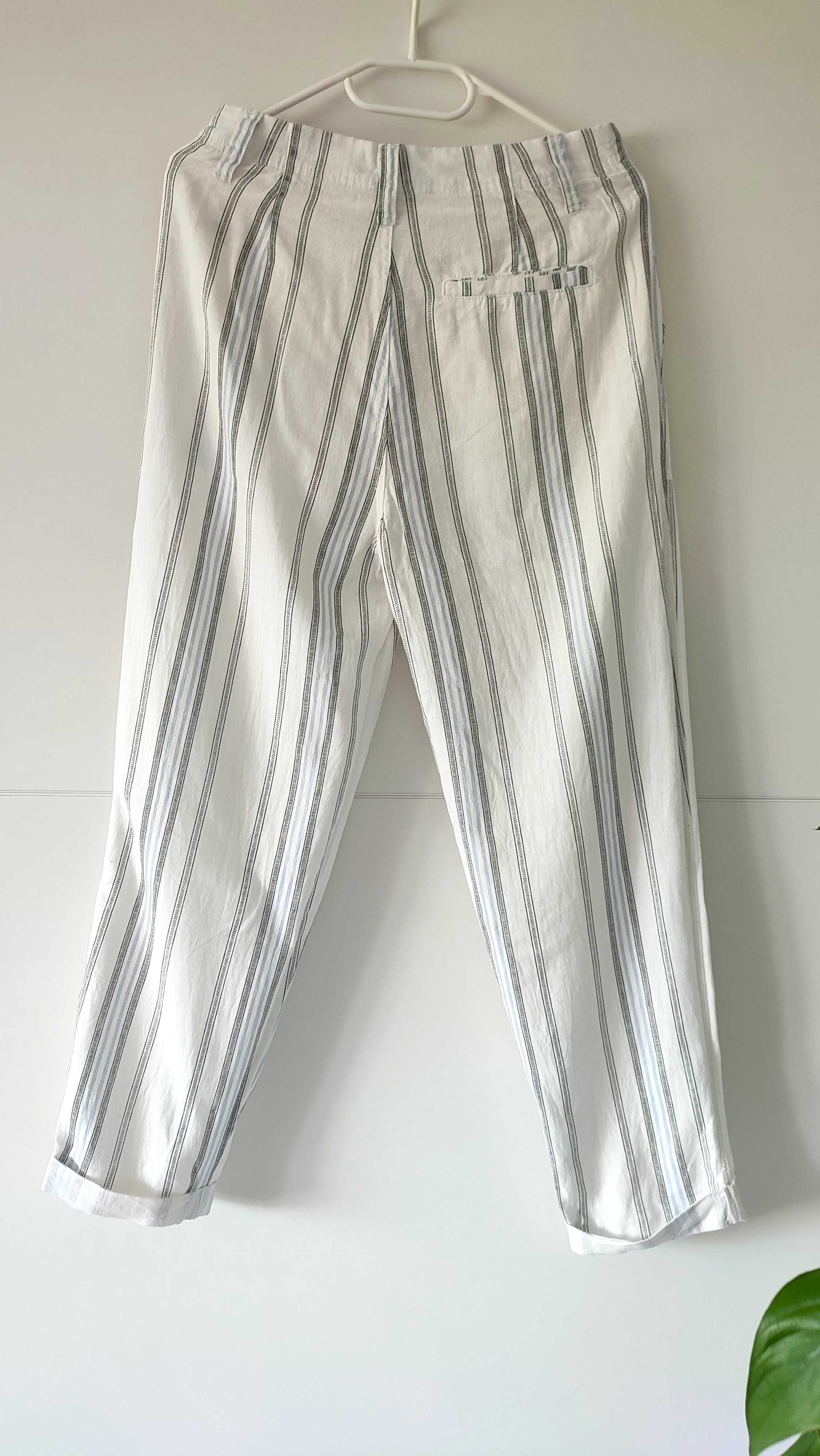 Spodnie materiałowe lniane lato białe paski basic proste cygaretki S