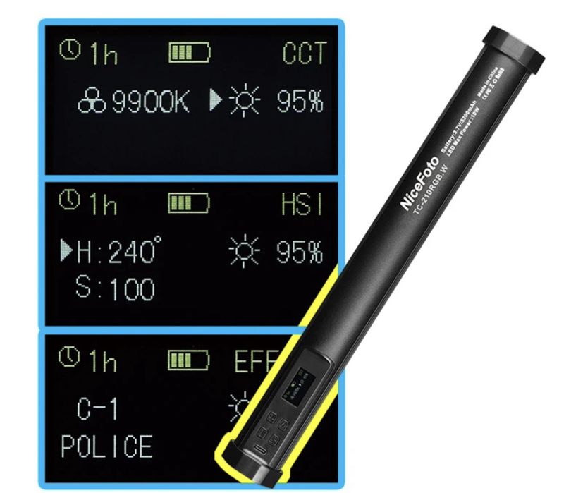 NiceFoto TC-210 RGB відеосвітло з акумулятором, фото-відео трубка 10W