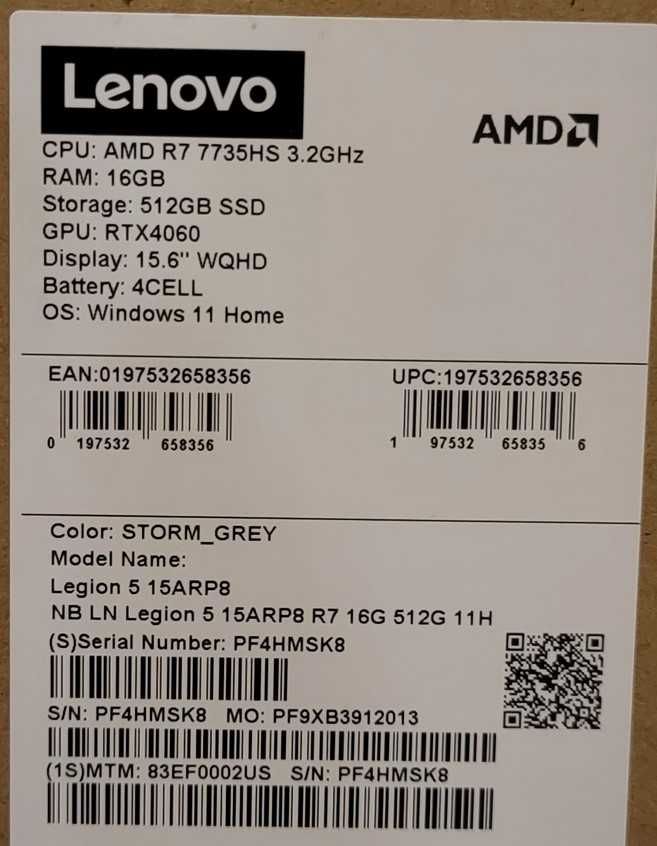 2023 Lenovo Legion 5 2,5K 15,6" 165Hz R7-7735H 4060 16/512 DDR5 Гарант