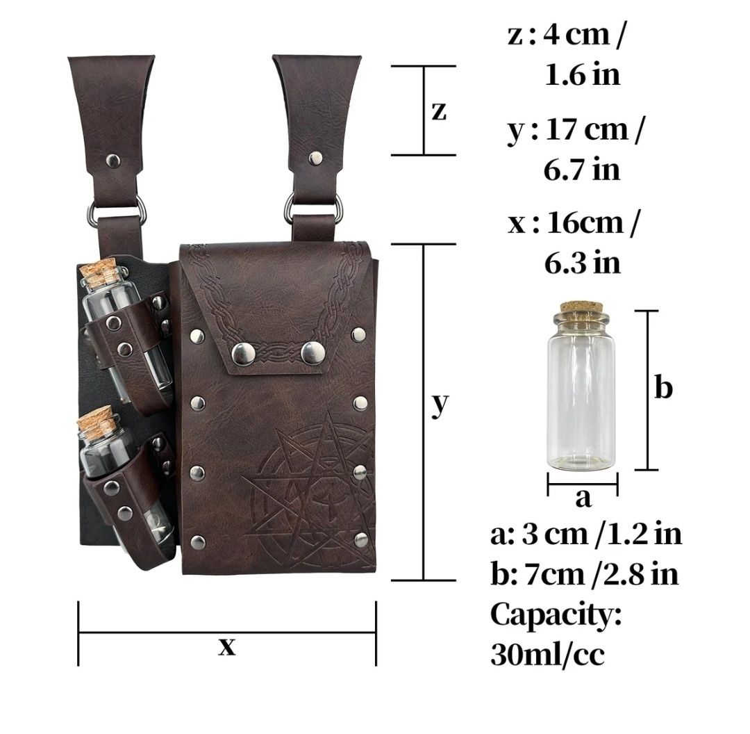 HiiFeuer Medieval Alchemy PU Skórzana torba na pasek z 4 fiolkami z mi