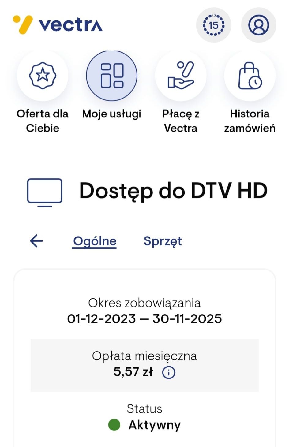Umowa VECTRA telewizja stalowy DTV HD, internet 100mbs cesja