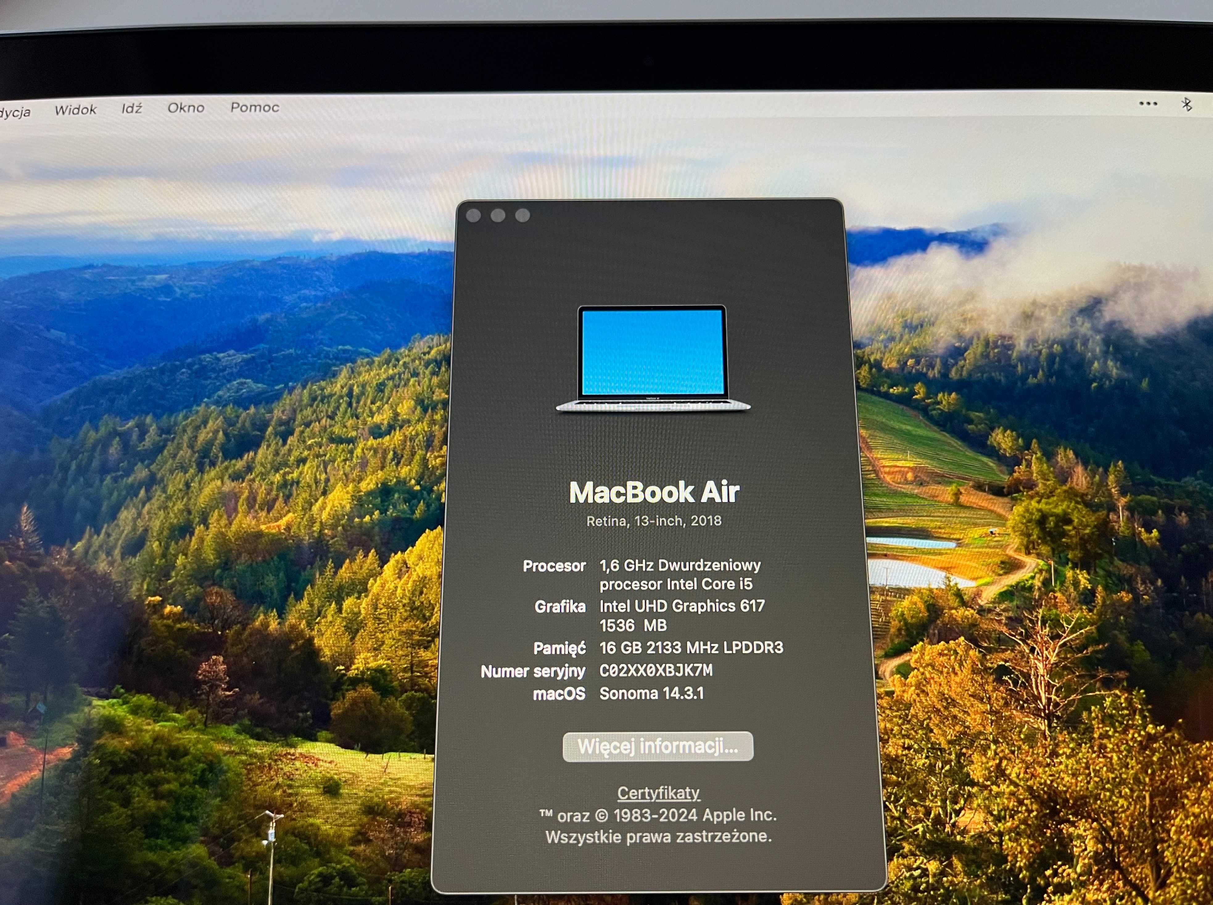 MacBook Air 13,3"  2018 - pełny zestaw - 1.6 GHz / 16GB / 256 GB