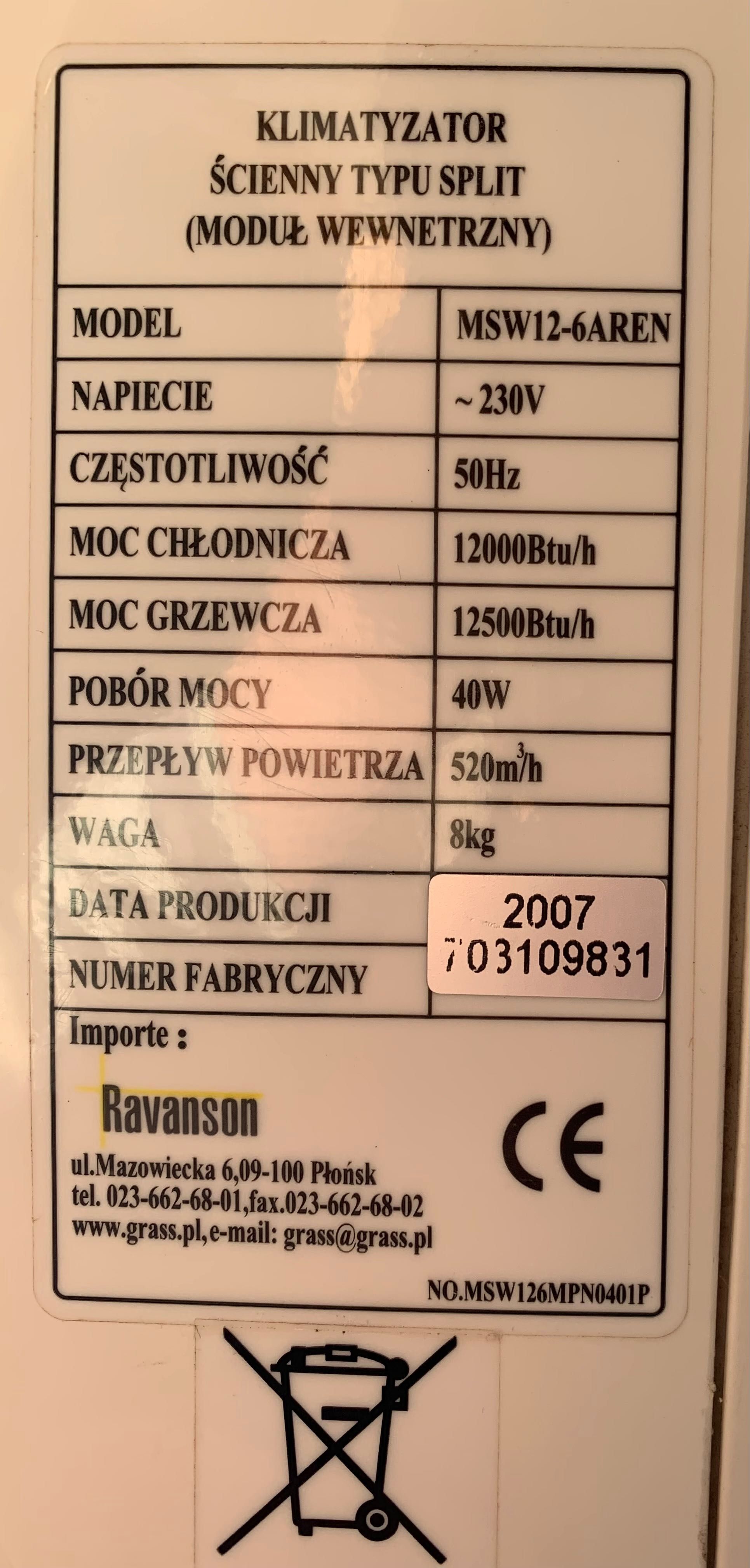 Używany klimatyzator z funkcją grzania W-wa Split Ravanson MSW12-6AREN