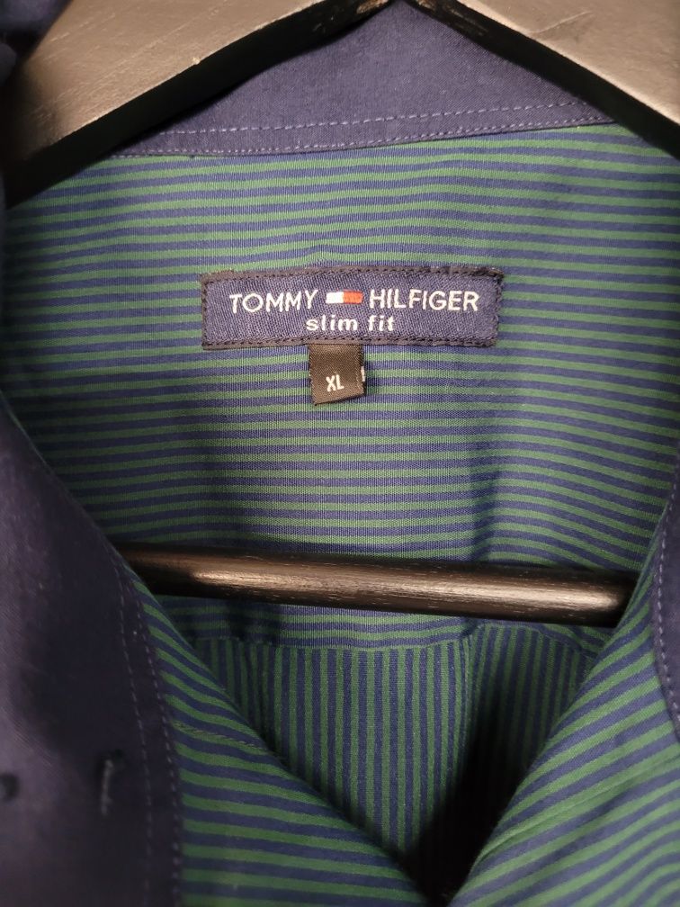 Koszula męska Tommy Hilfiger rozm XL slim fit  w paski butelkowa ziele