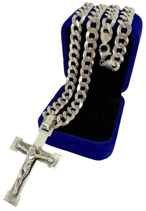 Masywny Srebrny Łańcuszek z Krzyżykiem Pancerka 49.76G 925 50CM